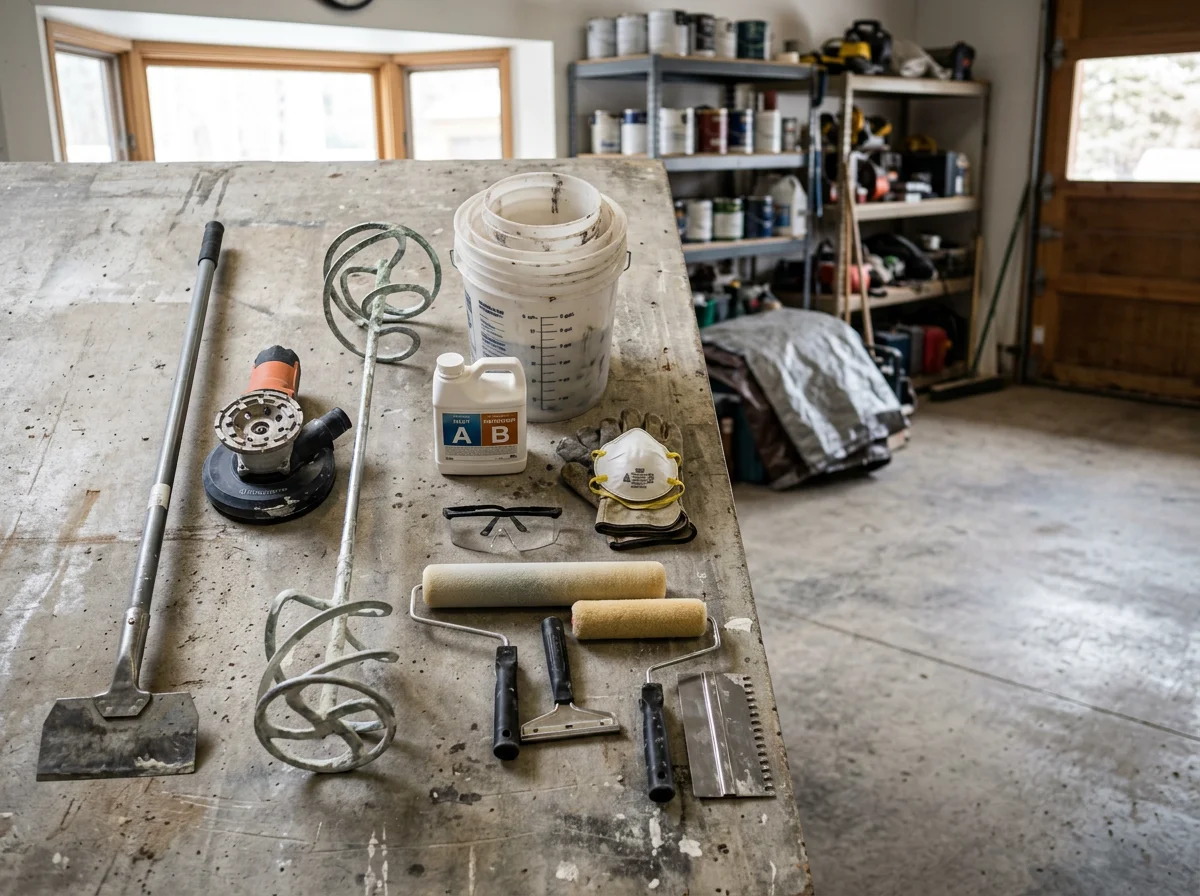 Professional flooring contractor workspace with epoxy application equipment and finished concrete floor samples showcasing various coating finishes.