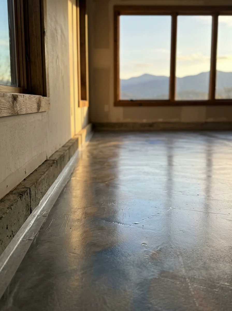 Metallic epoxy garage floor in Asheville home with mountain views through windows
