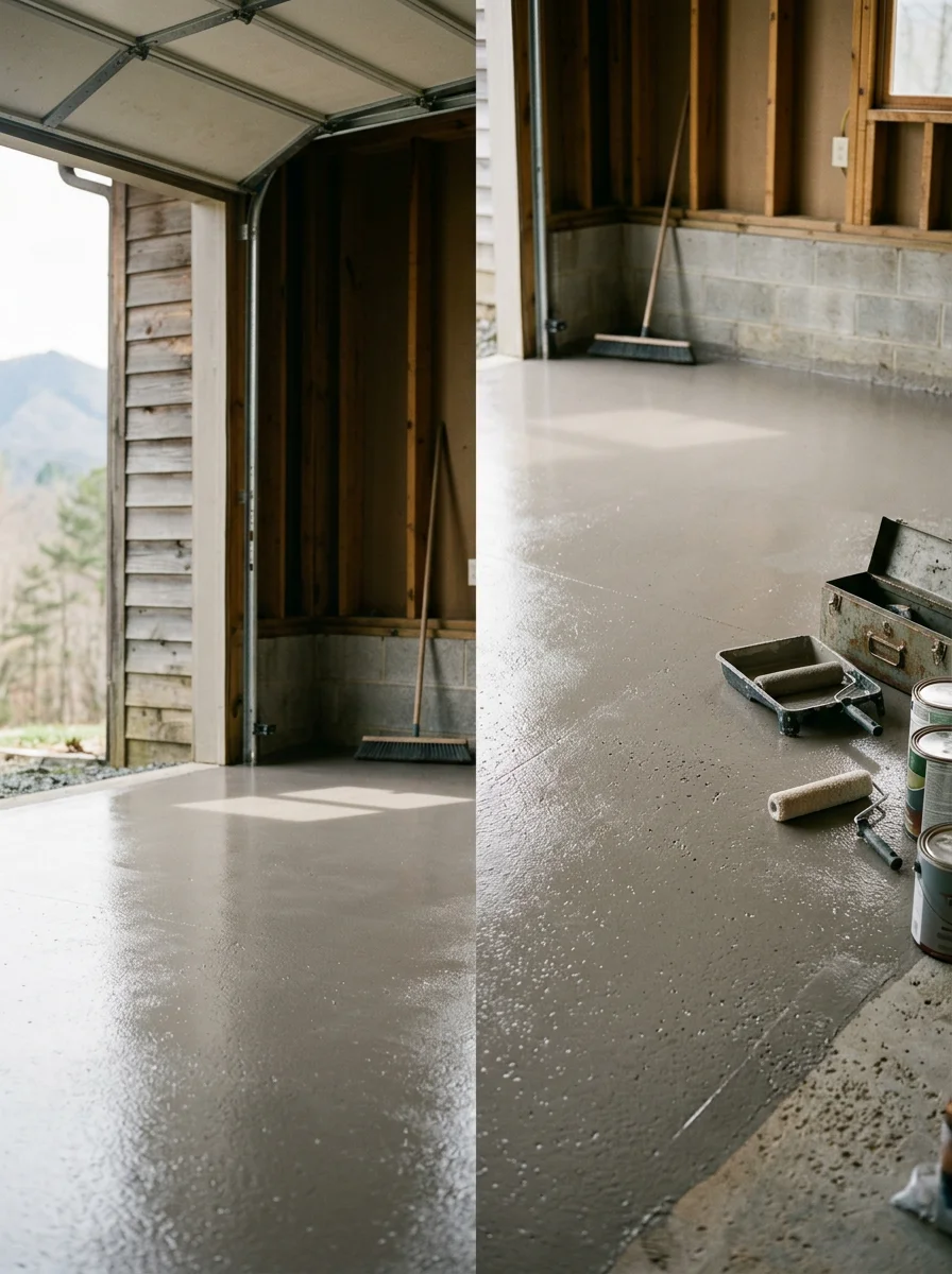 Residential garage with epoxy flooring in Bakersville, showing moisture-resistant coating protecting concrete from mountain weather