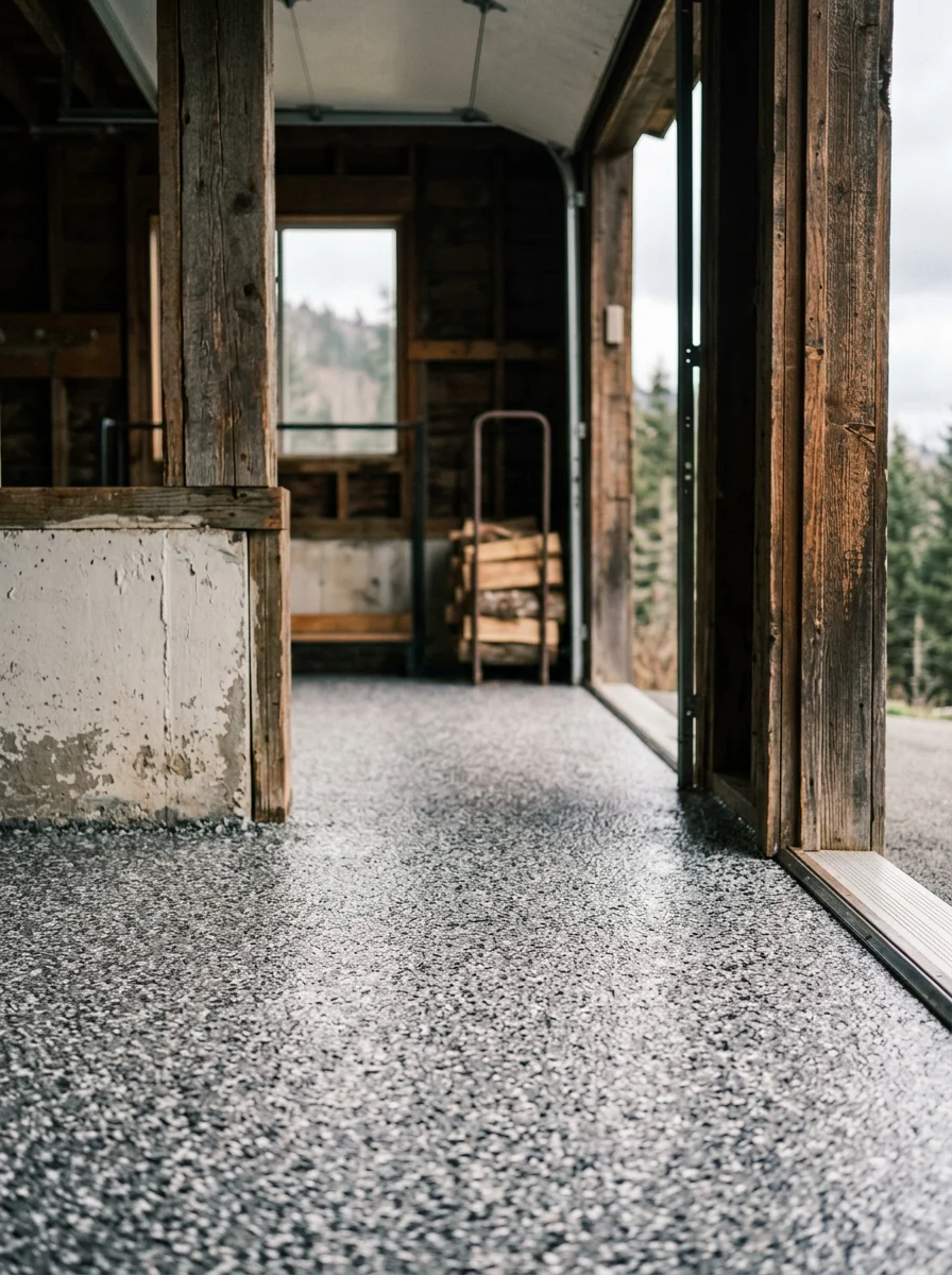 Garage epoxy flake floor in a Banner Elk ski chalet, showing a charcoal and white flake broadcast finish with textured grip surface near the garage entry door.