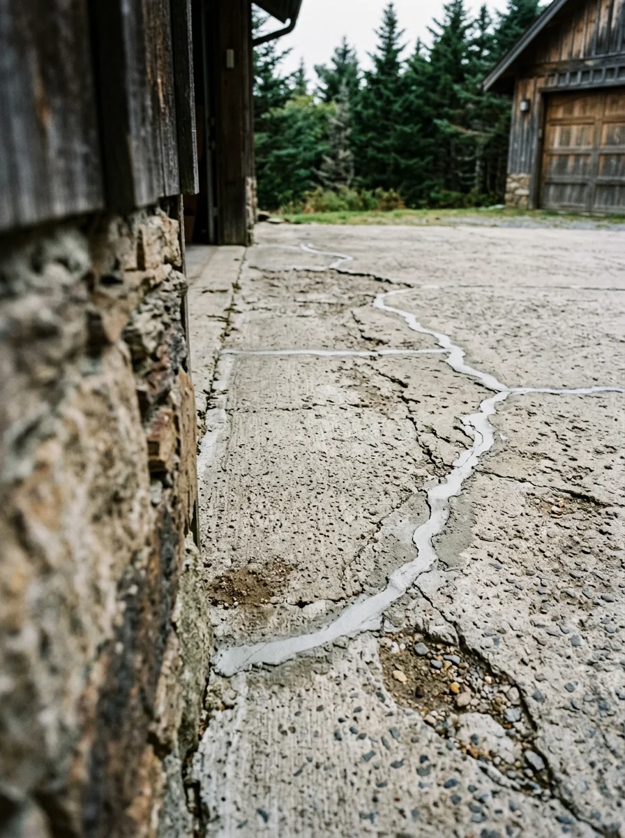 Concrete crack repair on a Beech Mountain chalet garage slab, showing ground and filled freeze-thaw cracks on a heavily weathered concrete surface before coating.