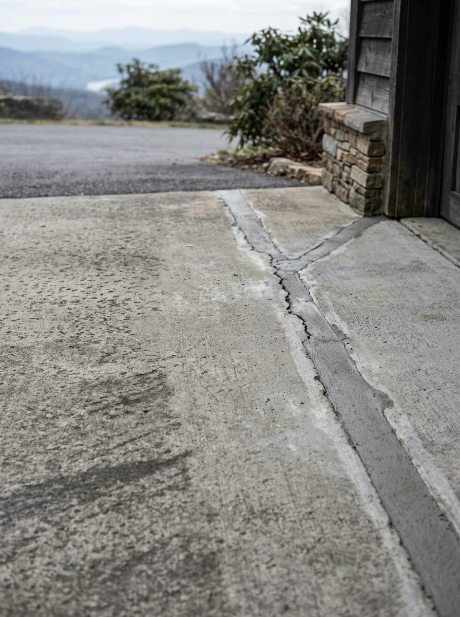 Concrete crack repair on a Blowing Rock garage slab, showing ground and filled freeze-thaw cracks flush with the surrounding concrete surface before epoxy coating.