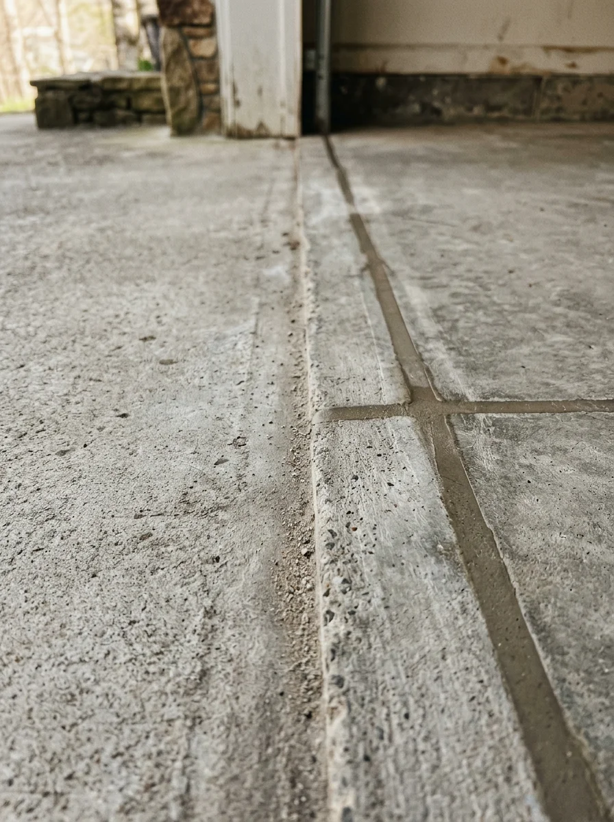 Close-up of a concrete crack repair on a Boone garage slab before epoxy coating, showing filled and ground crack lines flush with the surrounding concrete.