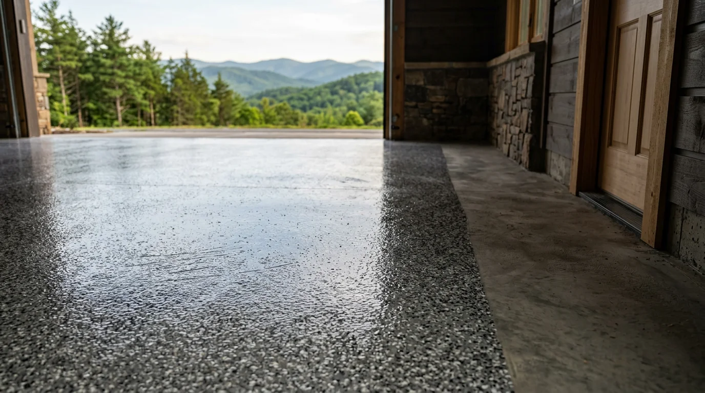Freshly installed garage epoxy flake floor in a Boone, NC mountain home garage, showing a gray and white flake broadcast finish with a high-gloss sealed surface.