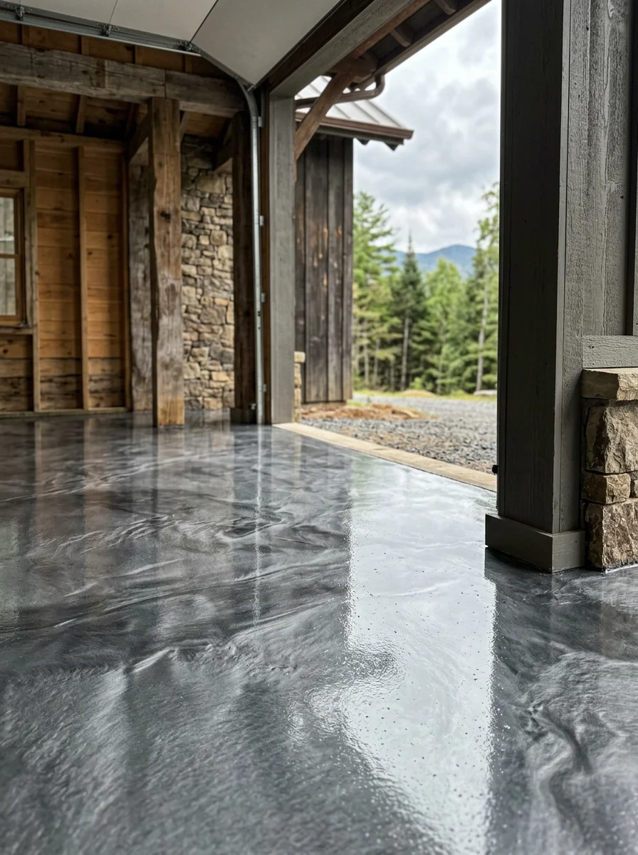 Epoxy-coated garage floor in Elk Park mountain home showing metallic finish