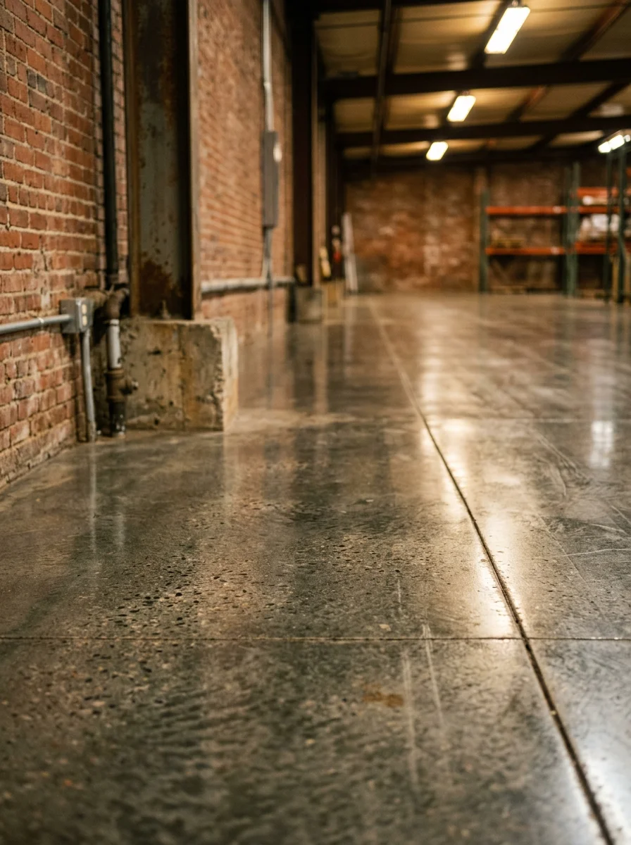 Polished concrete floor in Hickory commercial space, sealed against moisture and clay soil challenges