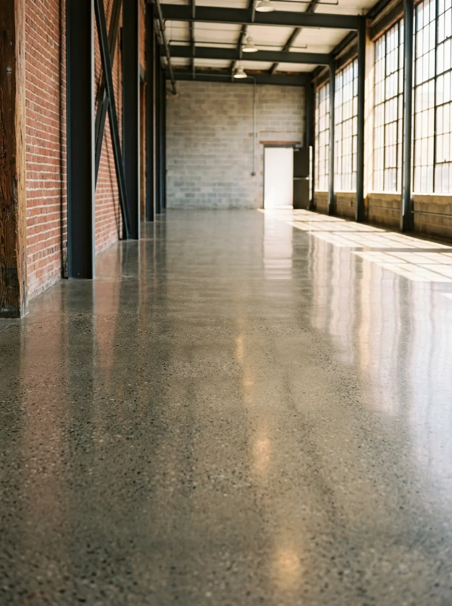 Polished concrete floor in commercial space with natural light from large windows