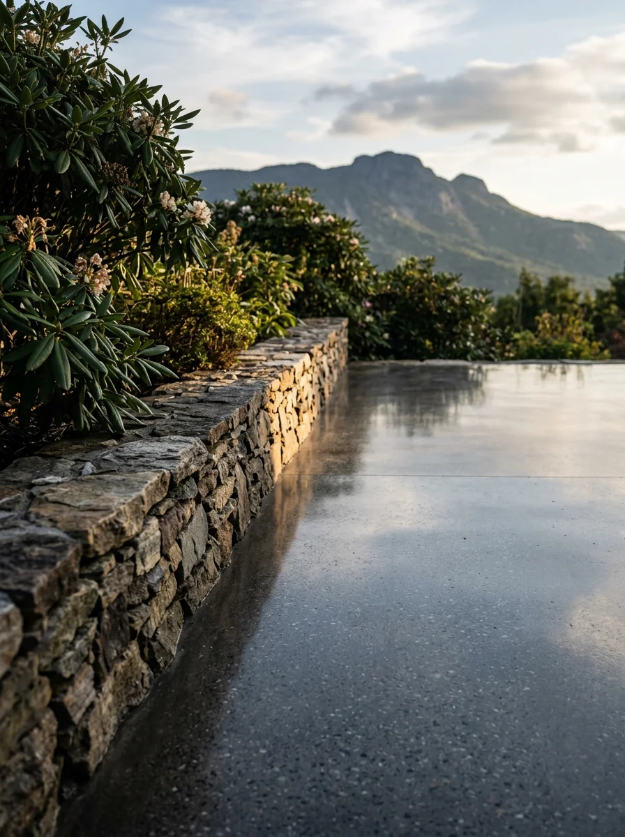 Polished concrete patio at high-elevation Linville estate with Grandfather Mountain views