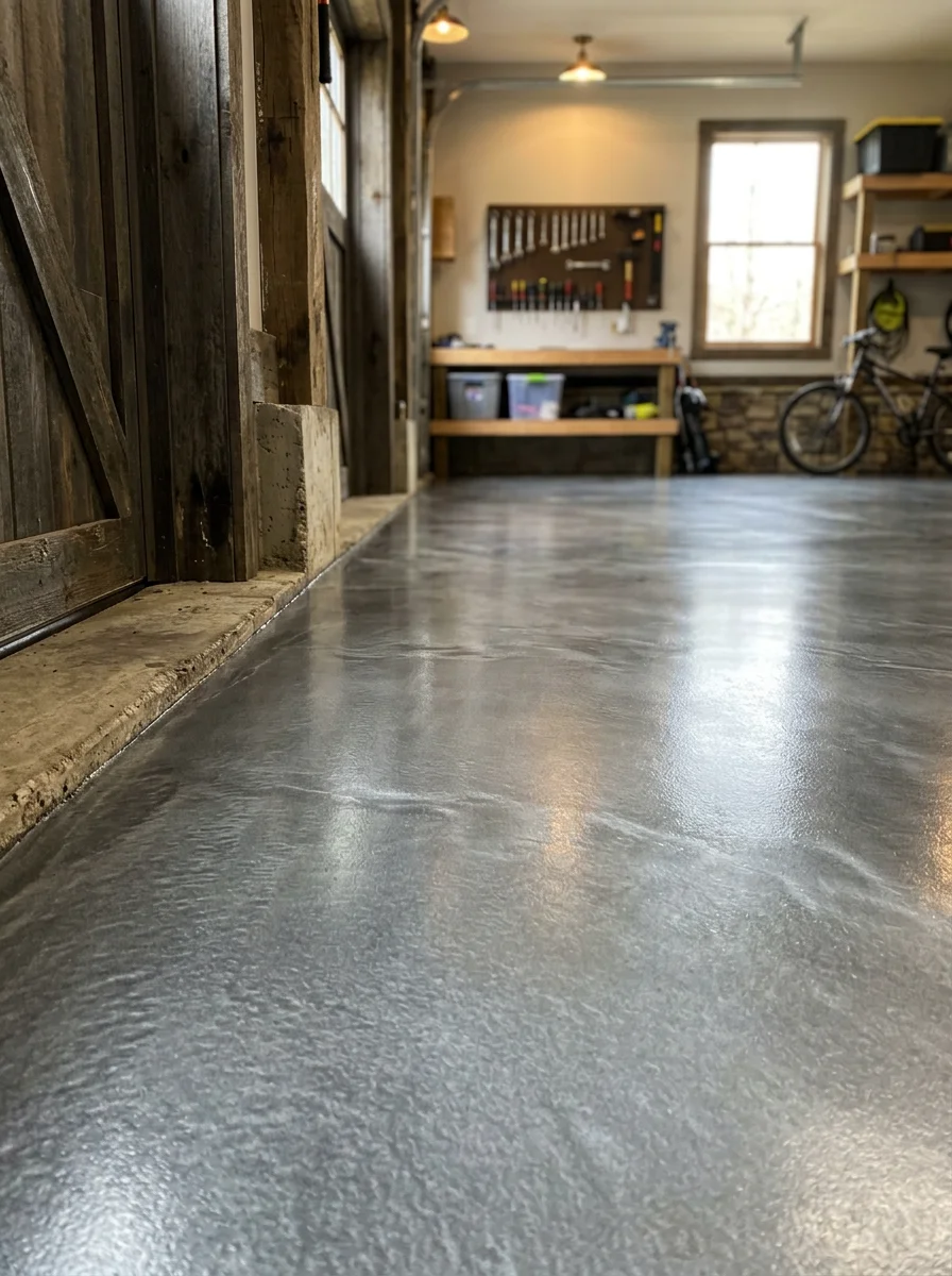 Epoxy garage floor with metallic finish in Marion mountain home