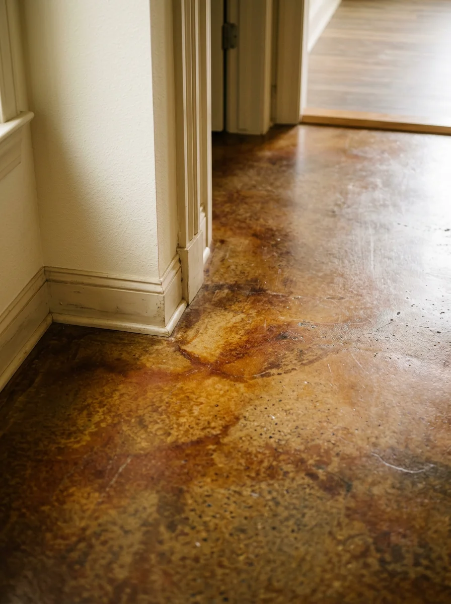 Stained concrete floor in a Morganton home interior, showing a warm amber and brown variegated color finish on a sealed concrete slab with natural texture visible.