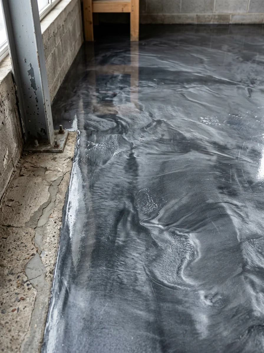 Close-up of metallic epoxy floor in Spruce Pine garage, showing durability against winter salt and freeze-thaw damage