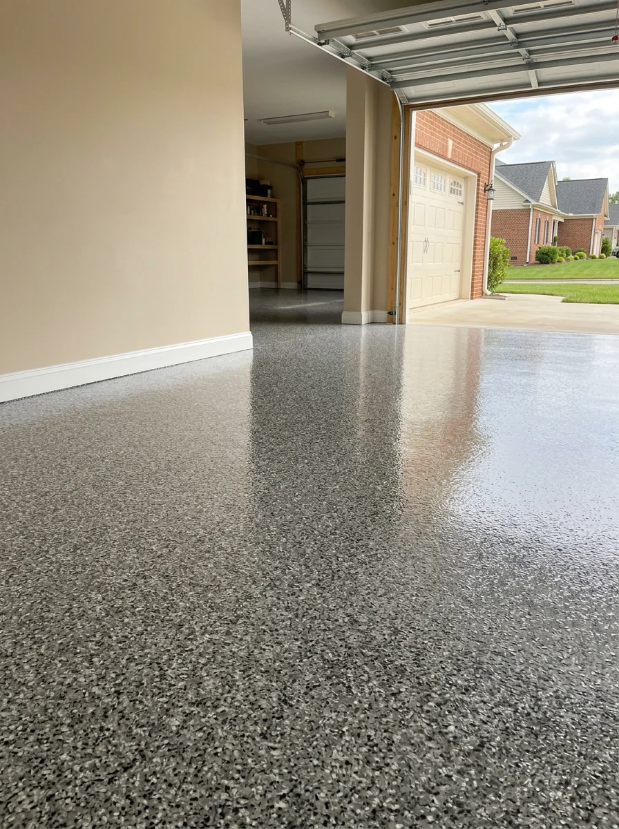 Garage epoxy flake floor in a North Wilkesboro subdivision home, showing a charcoal and silver flake broadcast finish on a clean, freshly coated two-car garage slab.