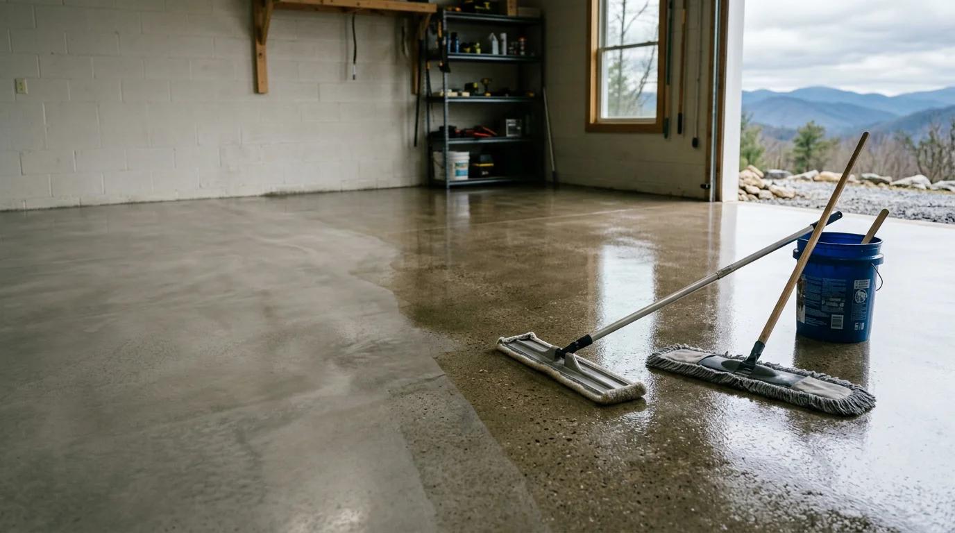 A freshly cleaned and sealed concrete garage floor in Boone, NC, showing a smooth, low-sheen surface free of stains and moisture marks. The sealed floor reflects overhead lighting evenly across the slab.