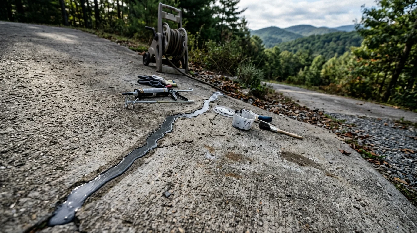 Close-up of a repaired concrete crack on a residential driveway in Boone, NC, showing a clean, sealed surface after professional epoxy crack injection. Mountain-area home exterior visible in the background.