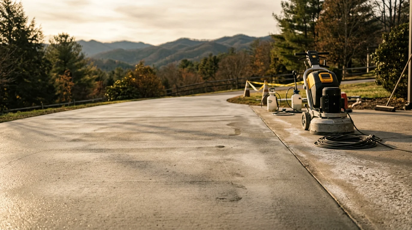A freshly treated concrete driveway in Boone, NC showing a clean, natural-finish slab with no surface film after Concrete Salt Guard application. Snow and road salt residue are visible on the surrounding pavement, highlighting the mountain winter conditions the treatment is designed to resist.