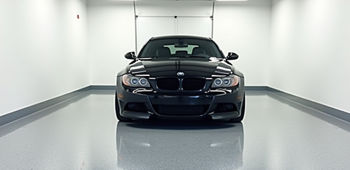 Gray flake epoxy garage floor with a black car in a clean Boone, NC garage