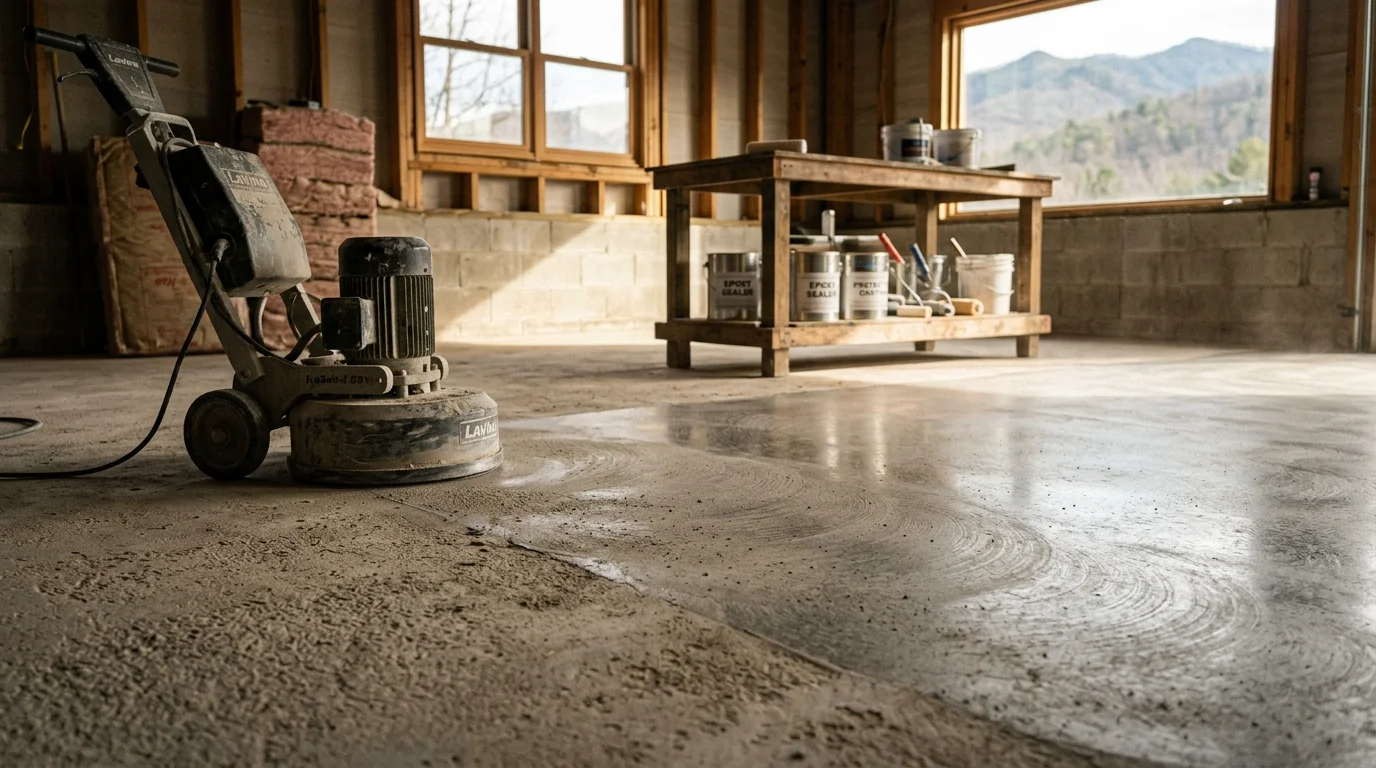 A freshly ground and sealed concrete garage floor in Boone, NC showing a smooth, low-sheen surface with no staining or surface pitting. The sealed slab reflects overhead lighting evenly across the full floor area.
