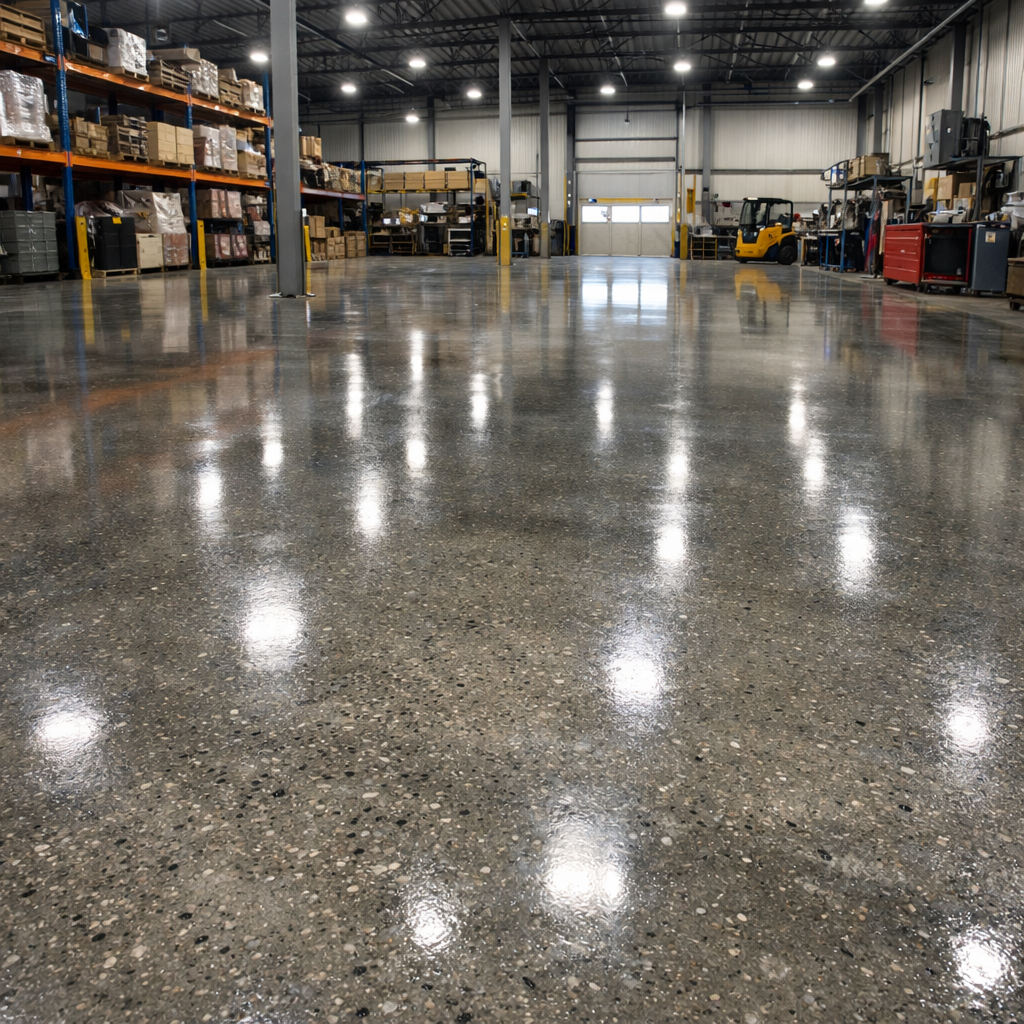 Ground and sealed concrete warehouse floor with polished aggregate finish