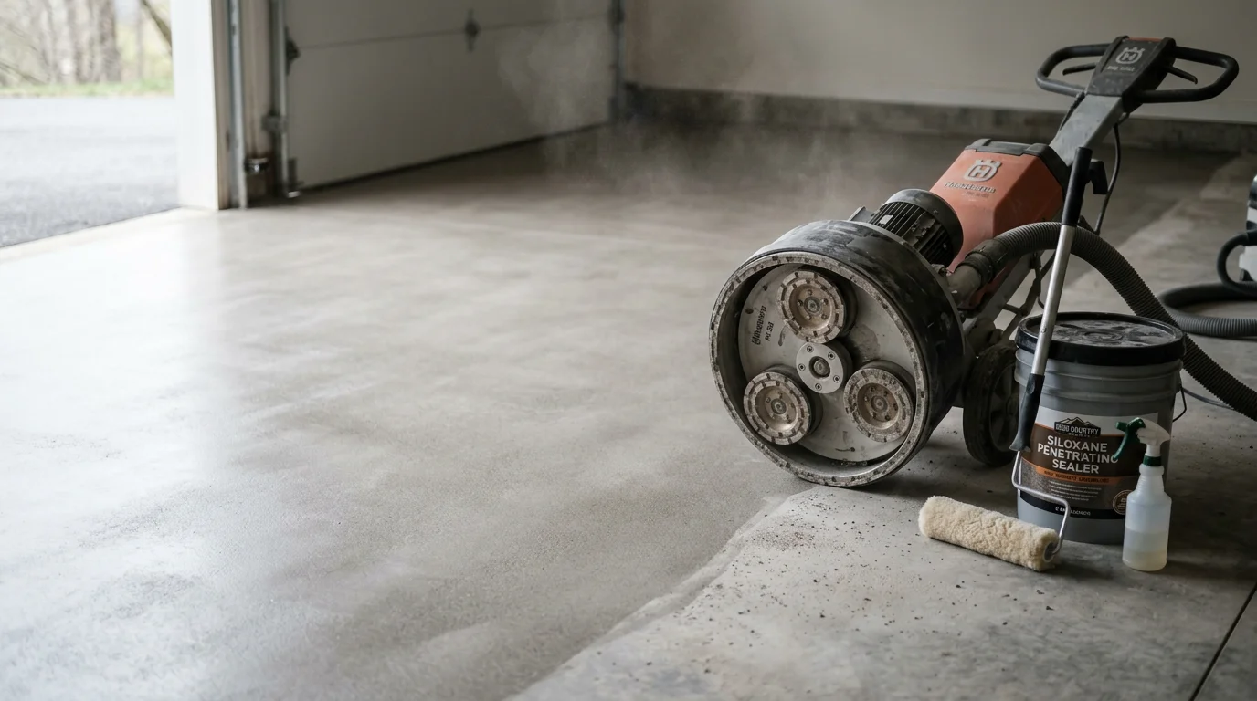 A freshly ground and sealed concrete garage floor in Boone, NC showing a smooth, natural gray surface with a low-sheen protective finish. The slab is clean and even, with the concrete's natural aggregate visible through the sealer.