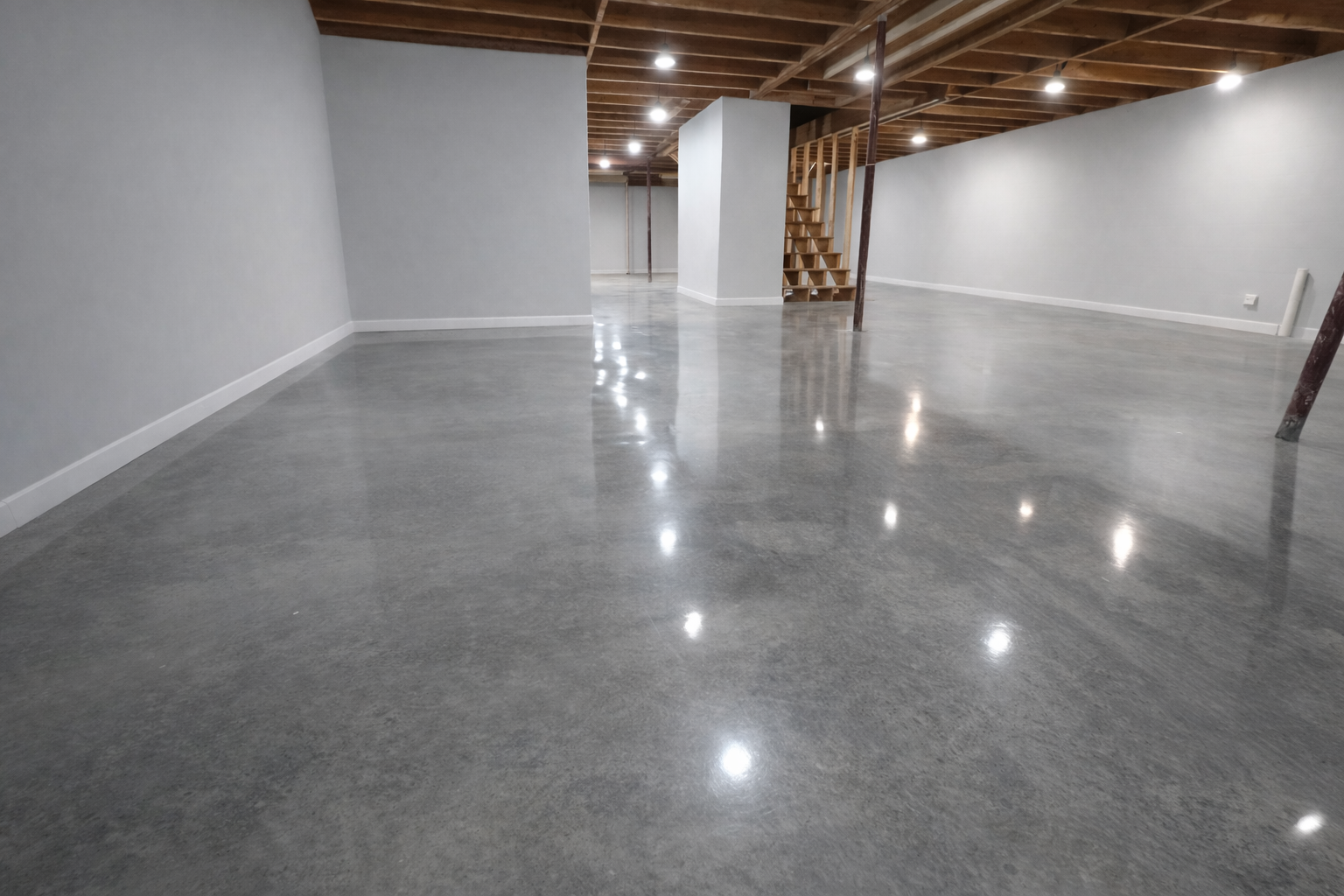 Glossy polished concrete basement floor with a gray finish in Boone, NC