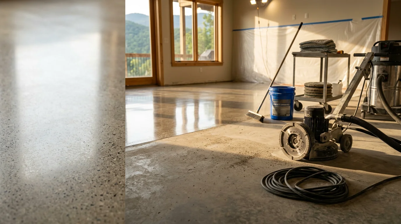 A polished concrete floor inside a High Country home near Boone, NC, showing a smooth, reflective surface with a mid-gloss finish. Natural light from nearby windows reflects off the densified slab in a residential living area.