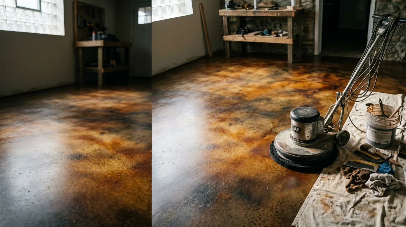 A stained concrete floor inside a High Country home near Boone, NC, showing warm earth-tone color variation across the surface. The finished floor reflects natural light and shows the mottled texture characteristic of penetrating concrete stain.