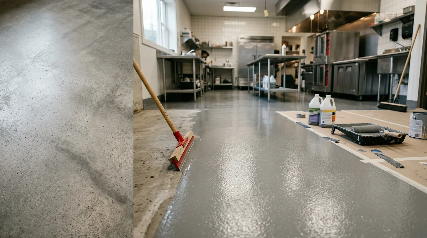 A freshly installed urethane cement coating on a commercial facility floor in Boone, NC, showing a smooth, seamless gray surface under bright overhead lighting. The floor reflects light evenly with no visible cracks, joints, or surface imperfections.